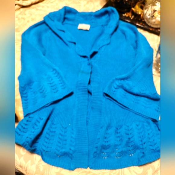 🐦Glorious Vtg 80's Rich Turquoise Crochet Woven Bell Sleeve Cardigan Sweater -S - Picture 4 of 16